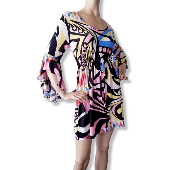Black, Pink, Yellow & Blue Retro Mod Inspired Bell Sleeve Tie Waist Dress - Picture 5 of 8